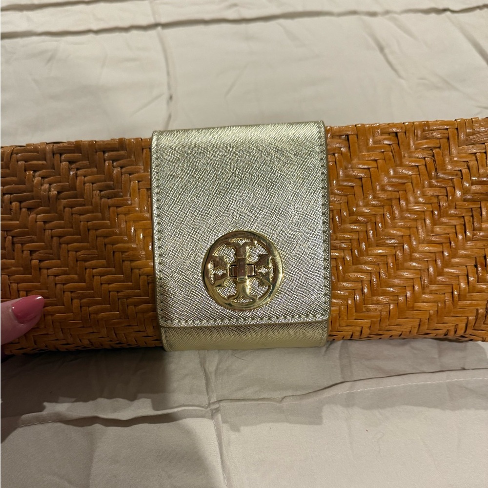 Tory Burch Gold and Brown Straw Clutch